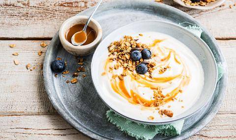 Greek style yogurt mixed with natural caramel sauce