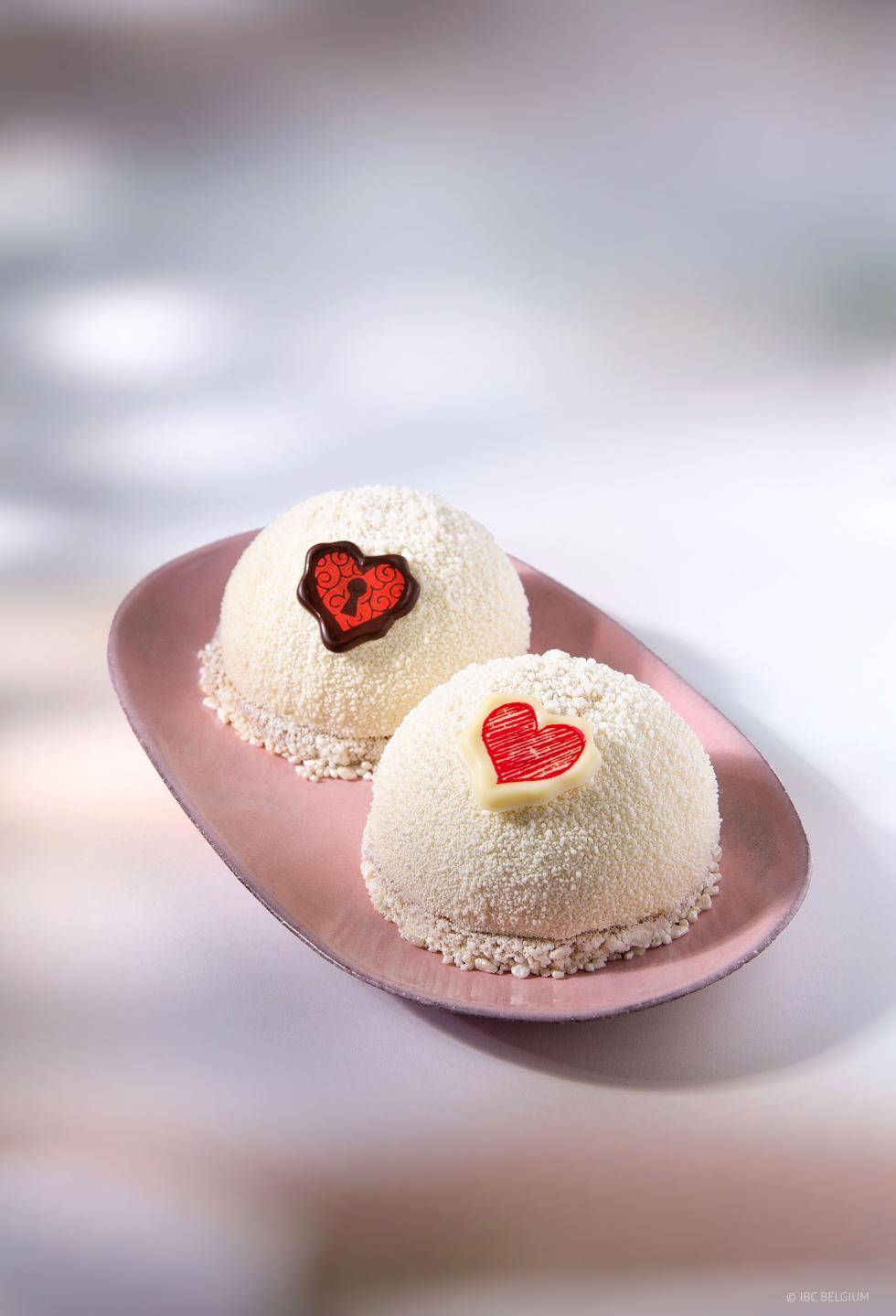 Valentine's Day Bombes with velvet texture and chocolate hearts