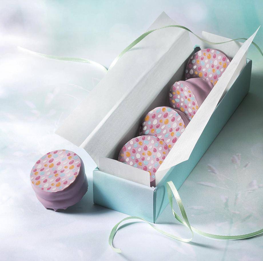 Chocolate enrobed cookies with Easter egg transfer print