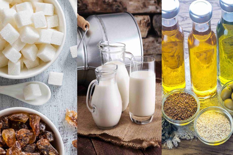 three images by side - sugar, milk, oil