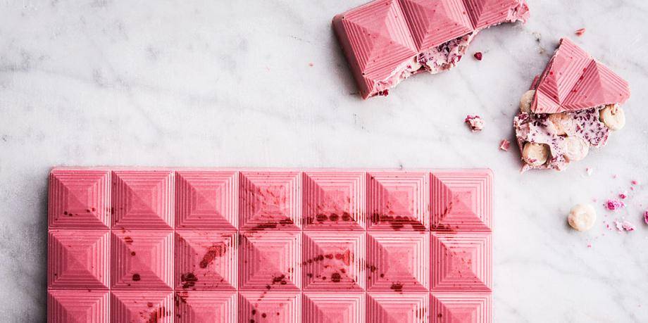 Ruby Chocolate Confectionery Tablet with White Creamy Filling and Raspberry Pieces