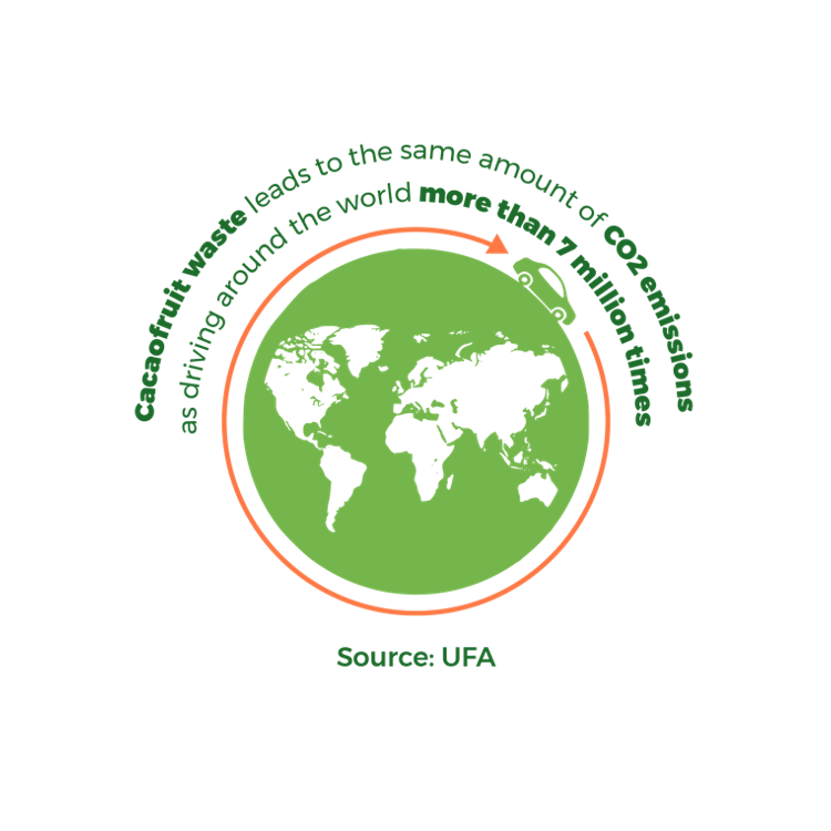 cacaofruit waste leads to the same amount of co2 emissions as driving around the world for more than 7 billions times