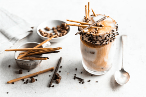Iced Coffee with Caramel sauce & Caramel chocolate decorations