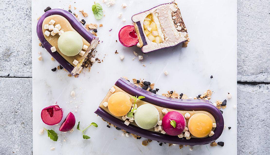 Ice cream tart with caramel soft cubes as inclusions and on-top decoration