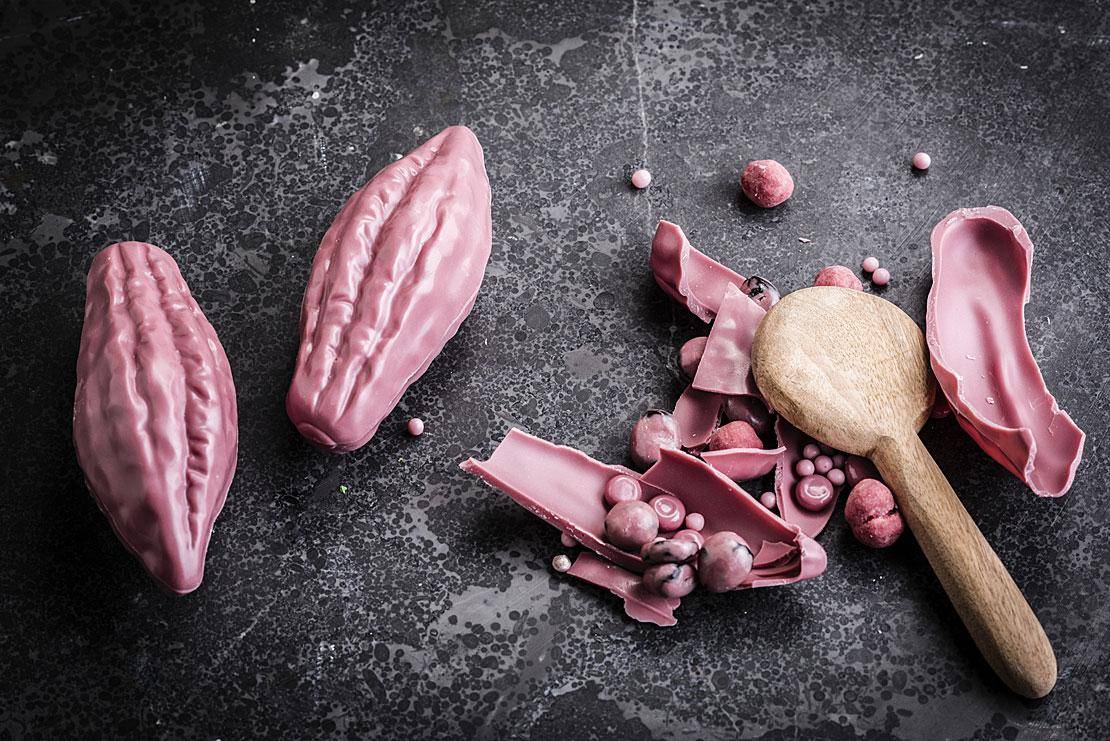 Ruby chocolate pinata with chocolate nibbles